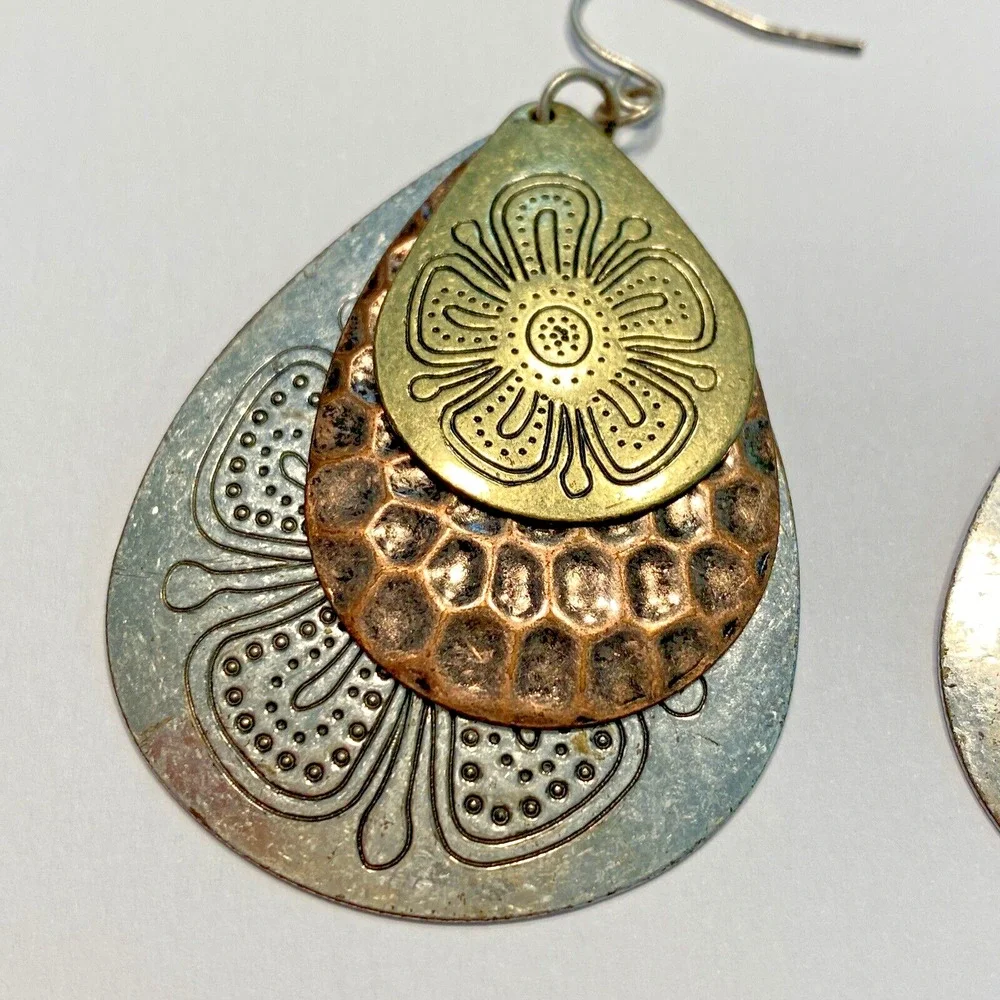 Boho Pierced Earrings Huge Embossed Teardrops Gold Silver Copper Festival Chic
